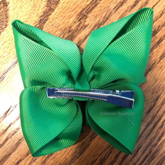 Green 4" Double Stacked Boutique Bow (2) HANDCRAFTED - Picture 2 of 3